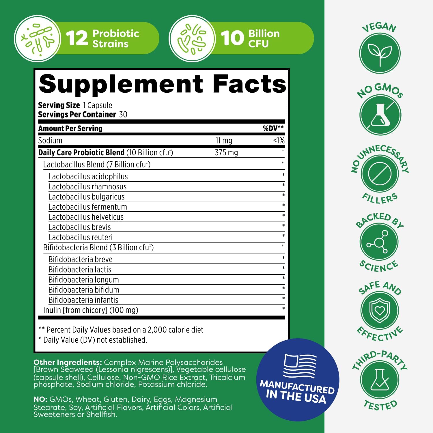Probulin Daily Care Probiotic Supplement, Digestive, Gut, and Immune Health Support Capsules for Men and Women, 10 Billion CFU, Vegan, 30 Count Bottle