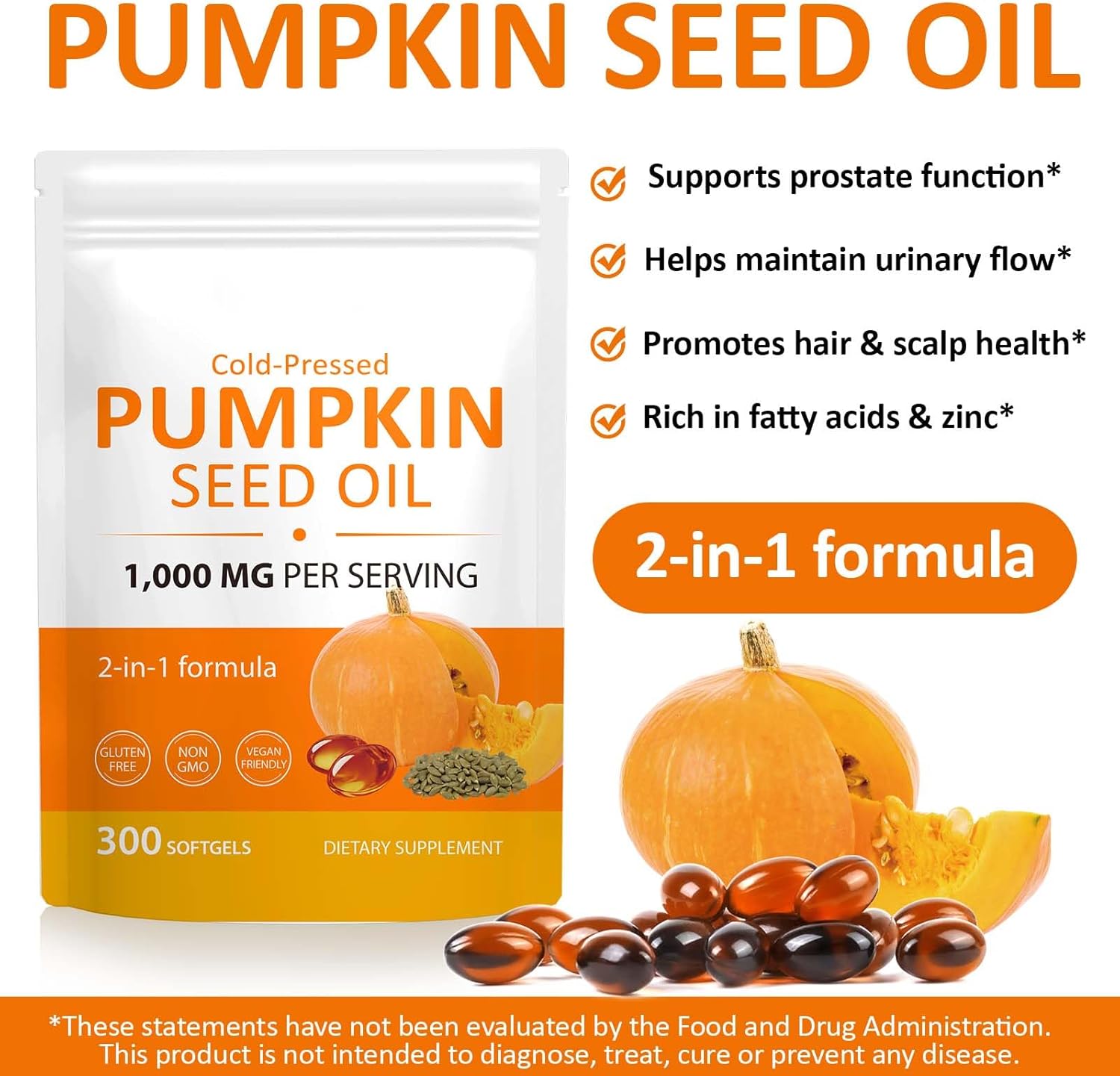 Pumpkin Seed Oil Capsules, 2-in-1 Formula with Saw Palmetto for Hair, 1000mg 300Softgels Rich in Fatty Acids | Supports Hair Heart
