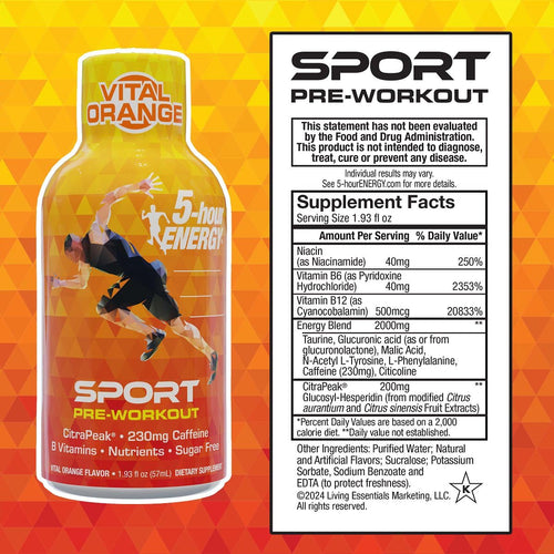 5-Hour Energy Extra Strength Sport Shots with Citrapeak, Vital Orange Flavor, Pre-Workout, 24 Count (1.93 fl oz)