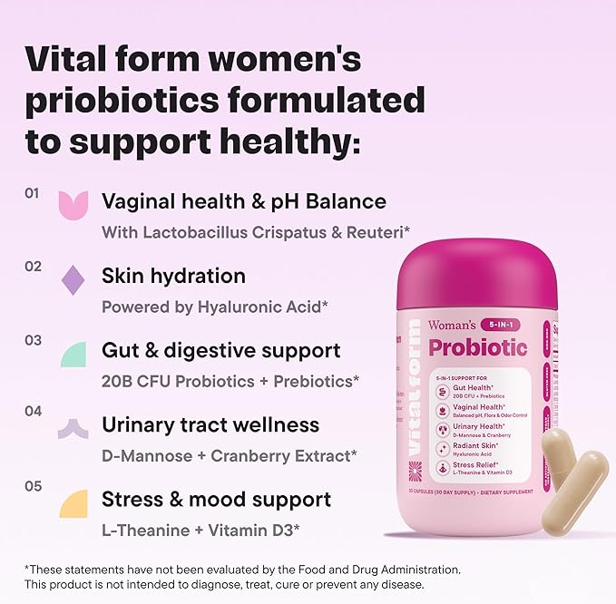 Women’s Probiotic 20 Billion CFU – 5-in-1 Daily Support for Digestive, Vaginal & Urinary Health – with Cranberry, D-Mannose, Prebiotics & Hyaluronic Acid – 30 Capsules