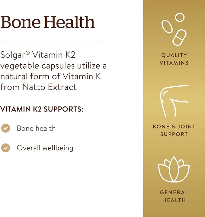 Solgar Naturally Sourced Vitamin K2 (MK-7) 100 mcg - 50 Vegetable Capsules - Supports Bone Health - Whole Food Source from Natto Extract - Non-GMO, Gluten Free - 50 Total Servings