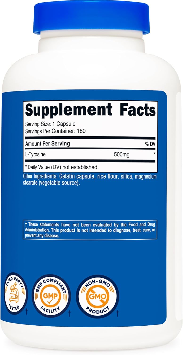 Nutricost L-Tyrosine 500mg, 180 Capsules - Gluten Free & Non-GMO