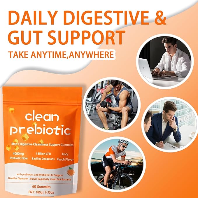 Clean Prebiotic Fiber Gummies for Men, Peach Flavor，Pre+Probiotic Fiber Gummies，Men's Digestive Cleaning Support Gummy,Men Prebiotic Supplement for Digestive Gut Health，60 Gummy