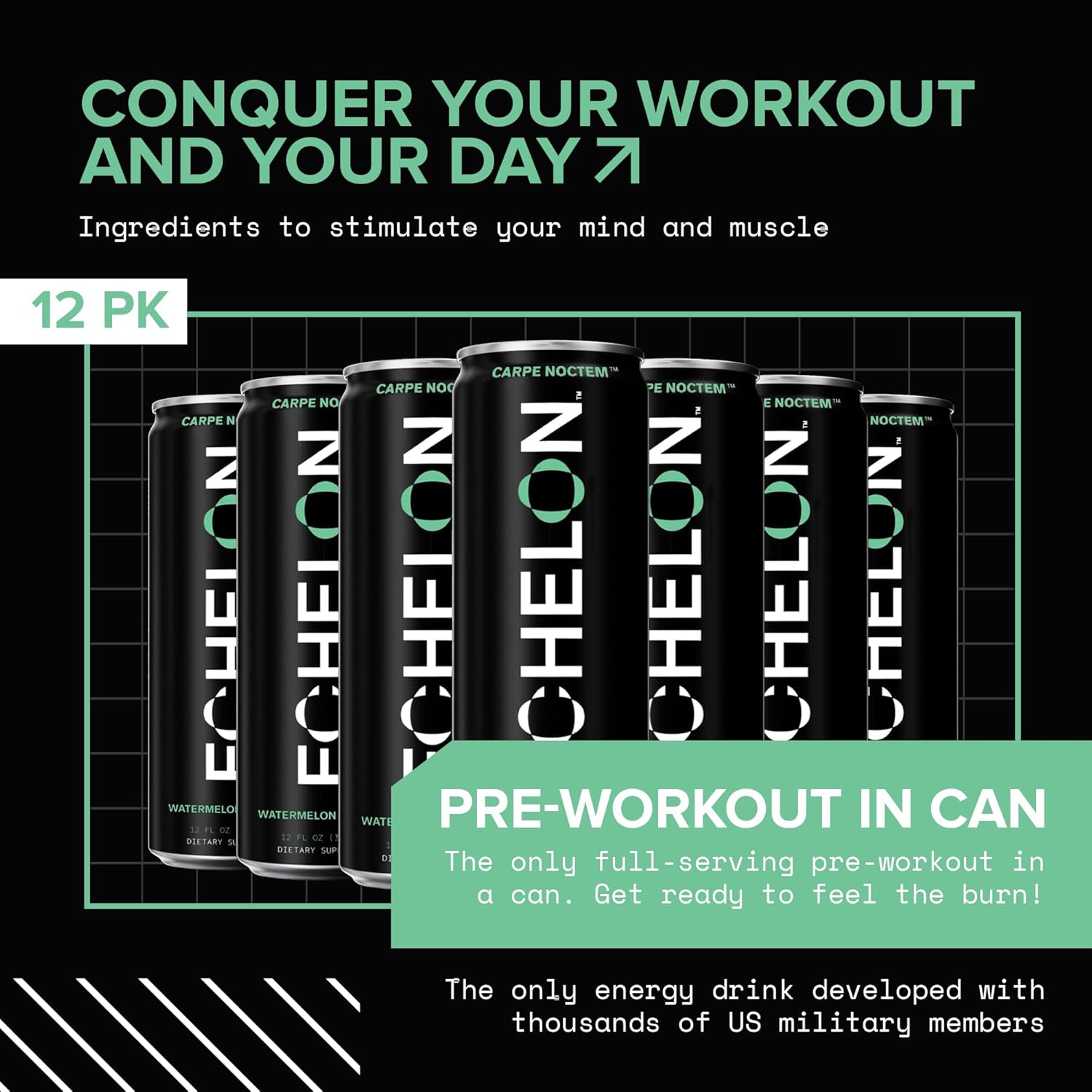 Echelon Pre-Workout Energy Drink | Watermelon Thai Chili | 12 Pack | Sustained Energy, Focus and Endurance Dietary Supplement | 300mg of Caffeine | Beta-Alanine, L-Theanine & Fiber | Vegan