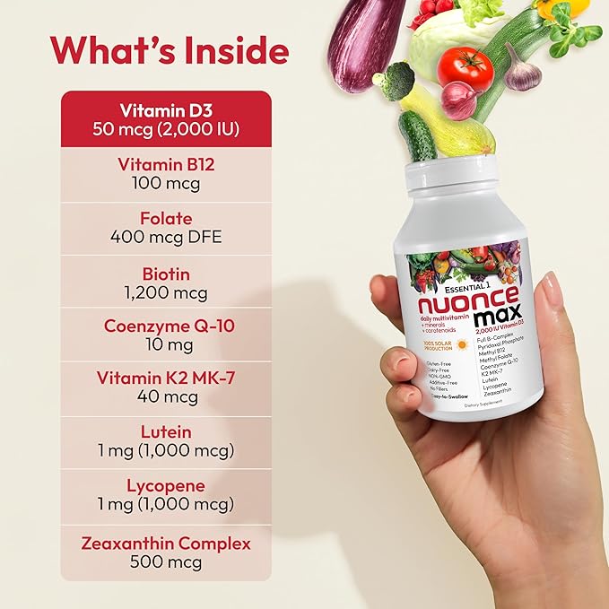 ANDREW LESSMAN Essential-1 nuonce max Multivitamin 2000 IU Vitamin D3 360 Small Capsules. 100 mcg Methyl B12. CoQ10 Lutein Lycopene Zeaxanthin. High Potency. No Additives. Ultra-Mild One Daily Capsule