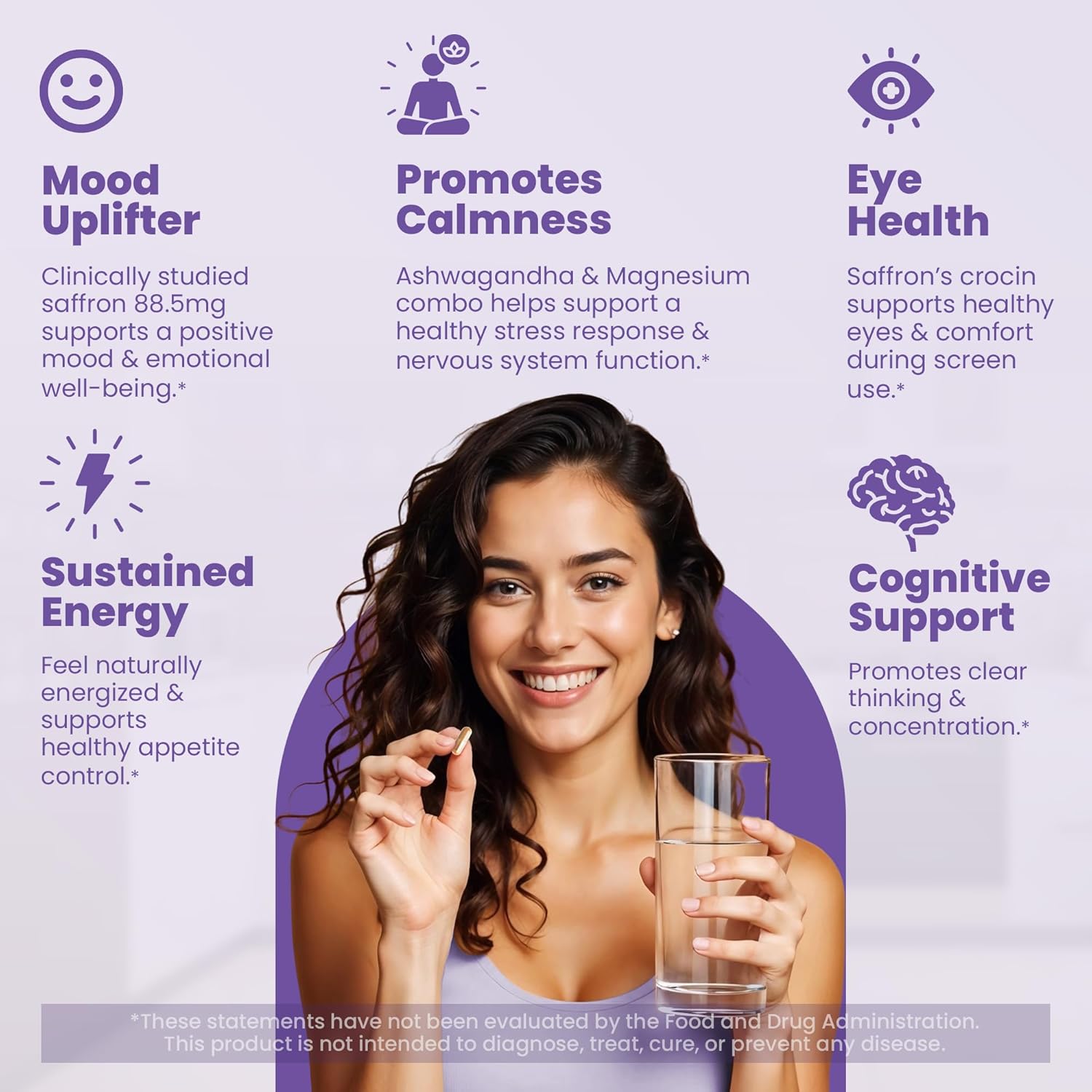 Saffron Supplement 88.5 mg with Ashwagandha & Magnesium Glycinate, Mood, Eye Health & Relaxation, 60 Clean Capsules, Saffron Stigma Extract, Made in USA