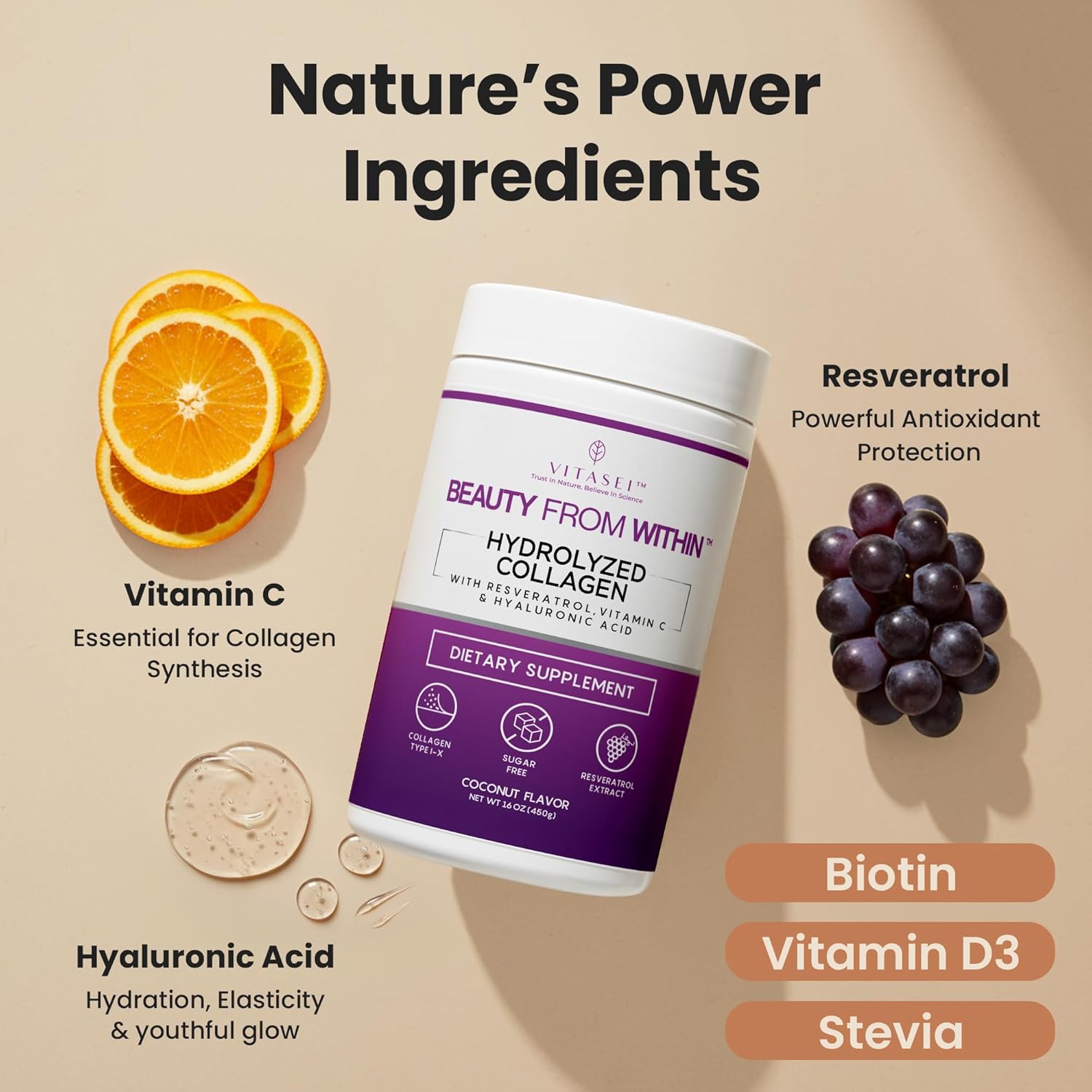 VITASEI Hydrolyzed Collagen Peptides Powder with Resveratrol & Vitamin C – Hair, Skin & Joint Support – Colágeno Hidrolizado for Women & Men – Soy-Based Formula – Coconut Flavor, 16 oz (30 Servings)