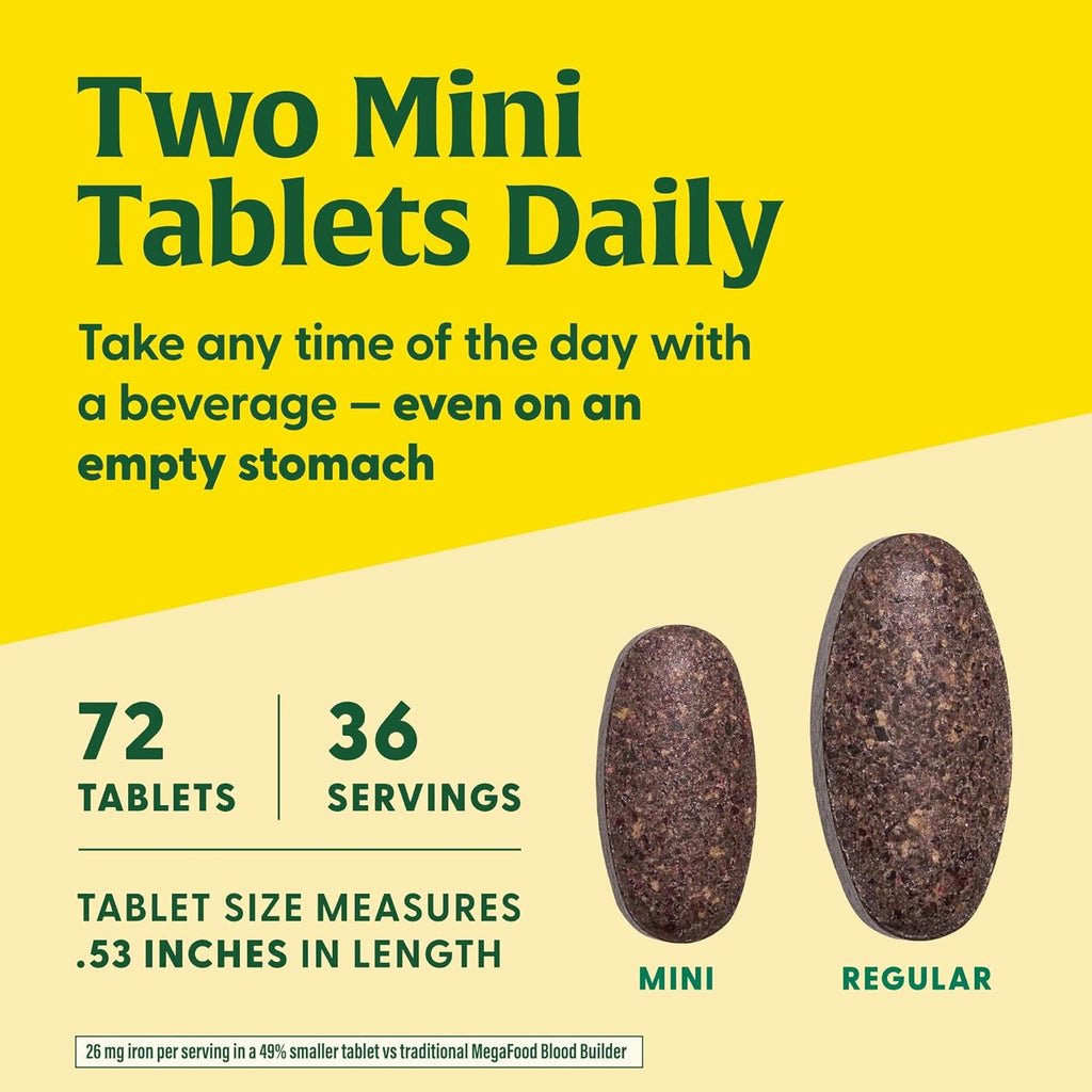 MegaFood Blood Builder Minis, Iron Supplement Clinically Shown to Increase Iron Levels Without Side Effects - Vegan Supplement with Vitamin C, Vitamin B12 & Folic Acid, 72 Tablets (36 Servings)