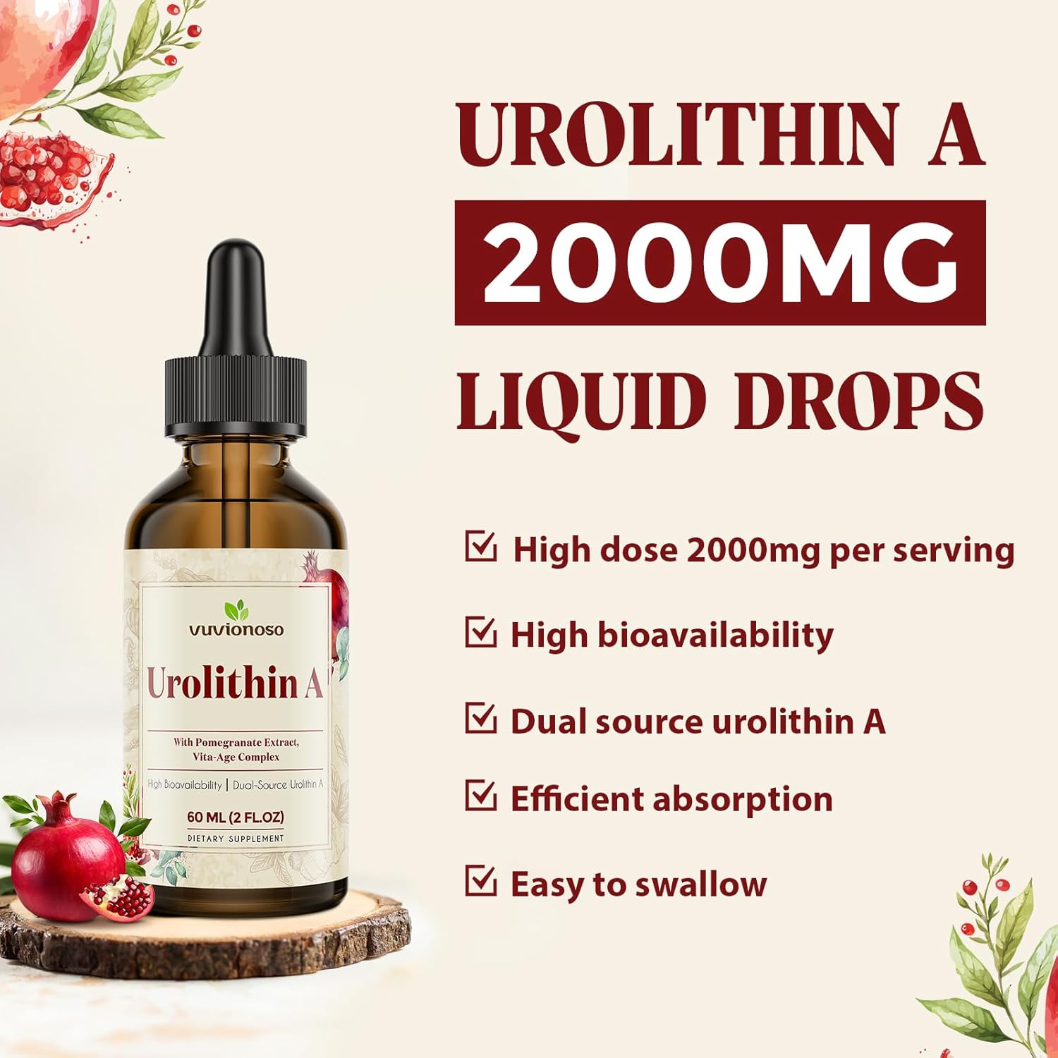 Urolithin A 2000mg Liquid Drops - 60ml (2 Fl Oz)