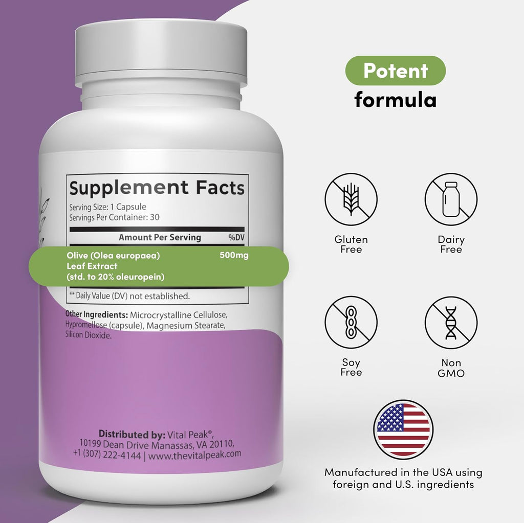 Olive Leaf Peak 500 mg - Immune System Support, Cardiovascular Health Support & Joint Comfort Support - Olive Leaf Extract Capsules - Natural Supplement - Vegan, Non-GMO, Dairy Free - 30 Capsules