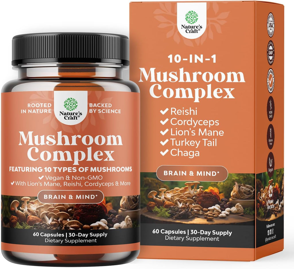 Advanced Mushroom Complex Capsules - 10X Lions Mane Supplement Capsules with Reishi, Chaga, Maitake & Shiitake for Brain Health, Memory Support & Focus - Nootropic for Mental Clarity - 60 Caps