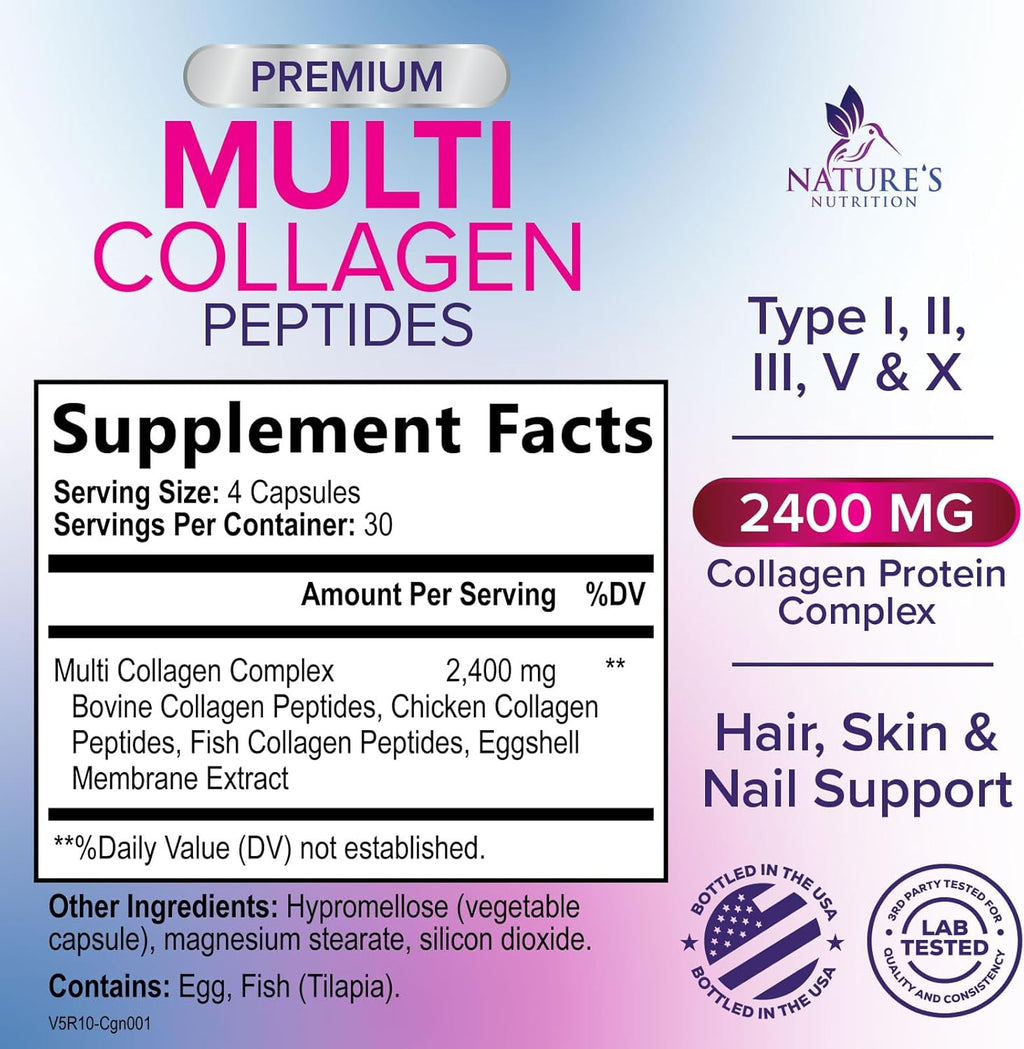 Multi Collagen Supplement 2400 mg - Types I, II, III, V & X Multi Collagen Peptides Pills for Women & Men, Hydrolyzed Collagen Supplements, Hair, Skin, Nail, & Joint Support Supplement - 120 Capsules