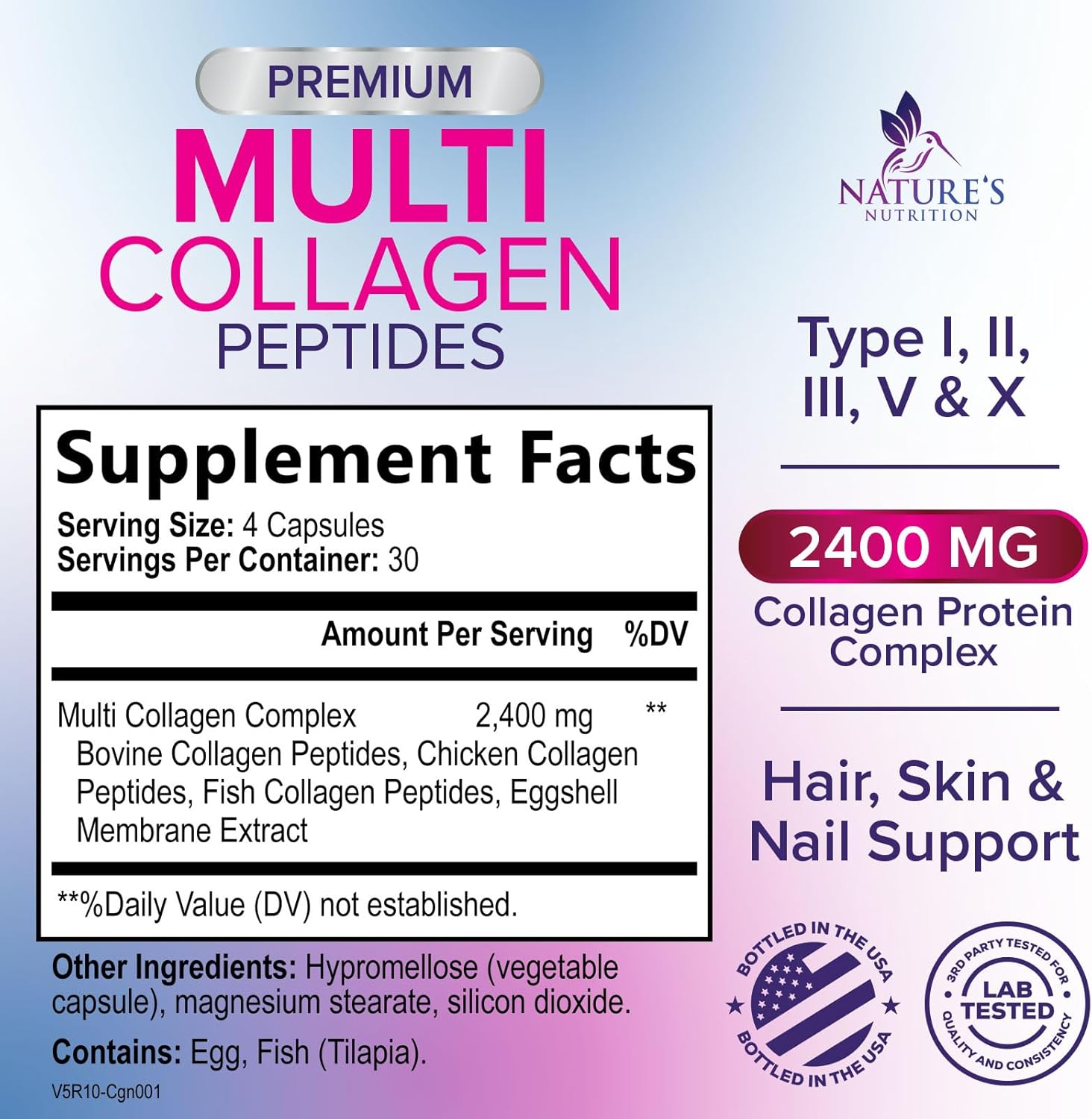 Multi Collagen Supplement 2400 mg - Types I, II, III, V & X Multi Collagen Peptides Pills for Women & Men, Hydrolyzed Collagen Supplements, Hair, Skin, Nail, & Joint Support Supplement - 120 Capsules