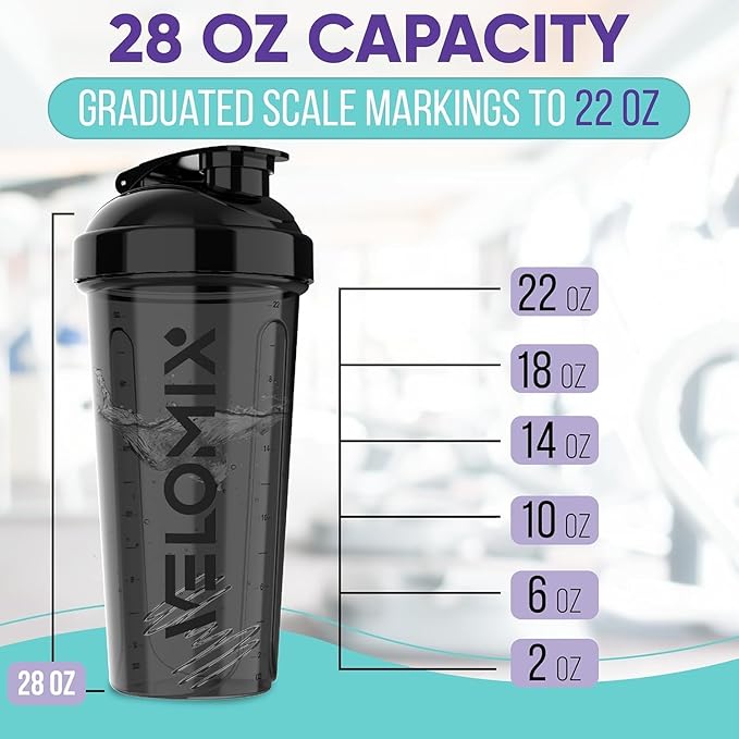 VELOMIX -2 Pack- 28 oz Protein Shaker Bottles for Protein Mixes - 2x Wire Whisk | Leak Proof Shaker Cups for Protein Shakes and Pre Workout | Protein Shaker Bottle Pack (2 Pack Black)