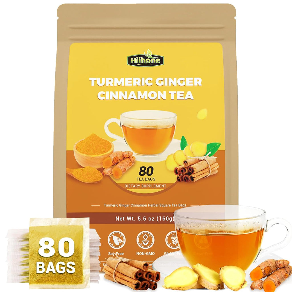 Turmeric Ginger Cinnamon Tea Bags, Turmeric Ginger Herbal Tea, No Sugar, No Caffeine, 80 Teabags