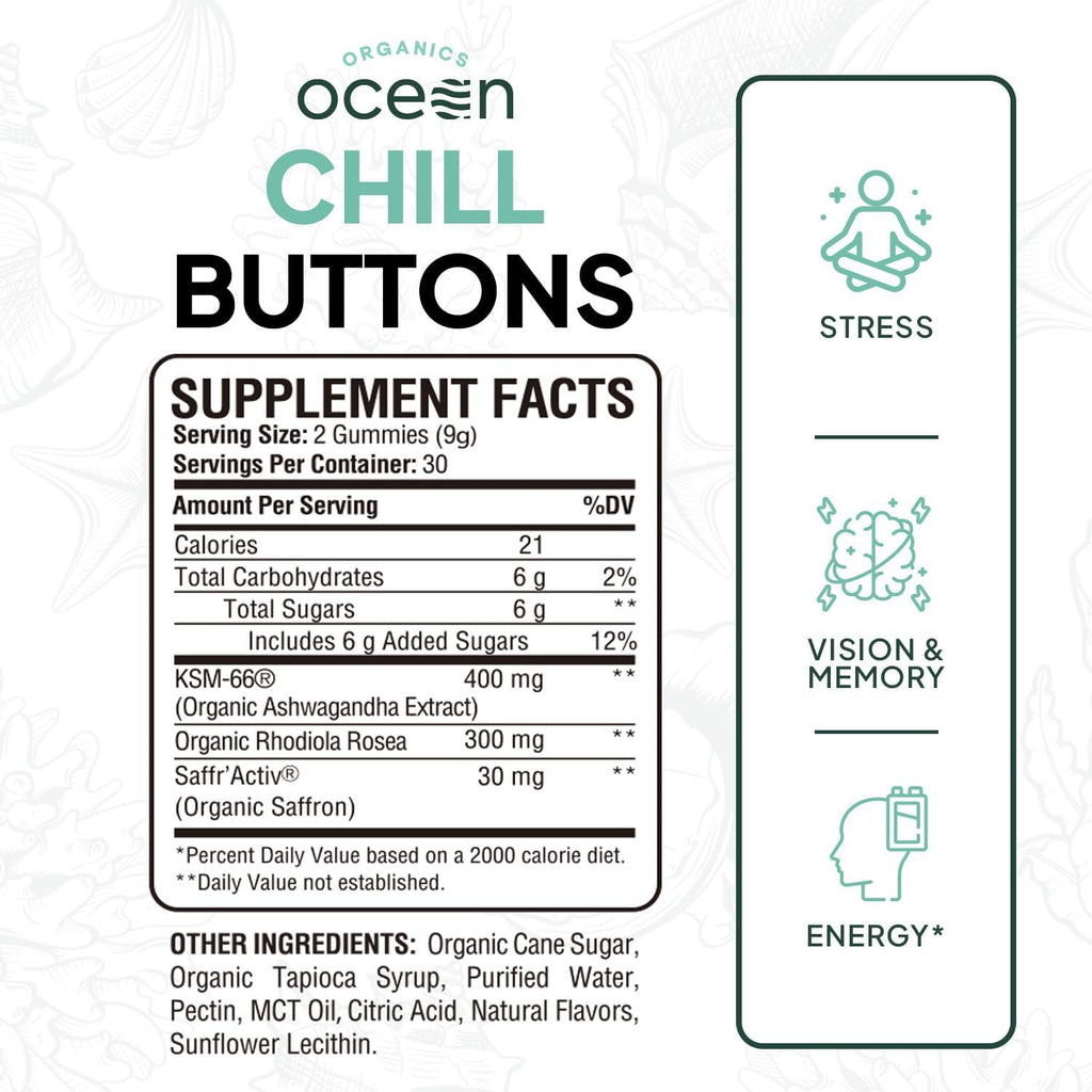 Organics Ocean Chill Buttons - Organic Ashwagandha Reduces Tension, Enhances Memory and Vision, and Brightens Mood - Contains Ashwagandha KSM-66, Rhodiola Rosea, and Organic Saffron