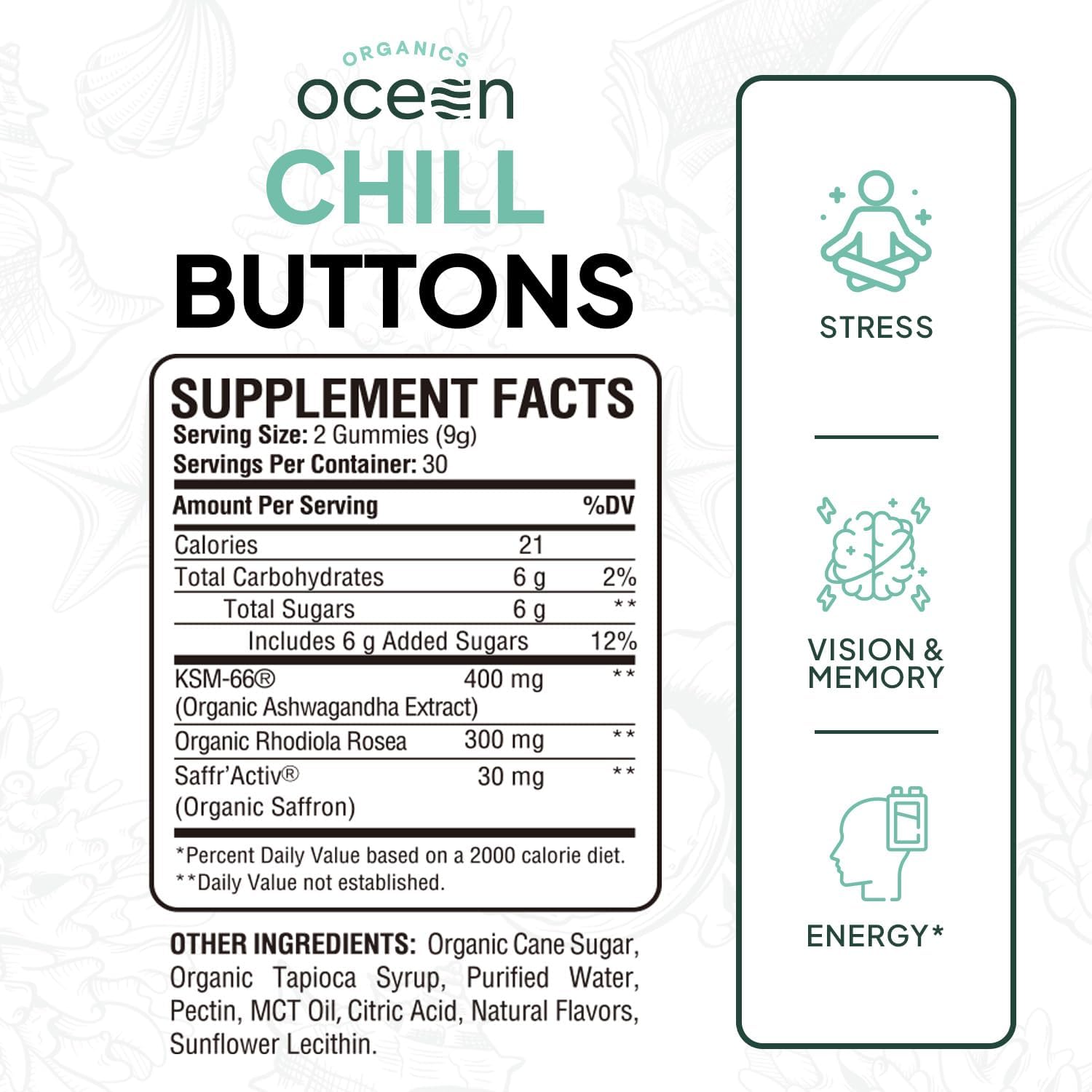 Organics Ocean Chill Buttons - Organic Ashwagandha Reduces Tension, Enhances Memory and Vision, and Brightens Mood - Contains Ashwagandha KSM-66, Rhodiola Rosea, and Organic Saffron