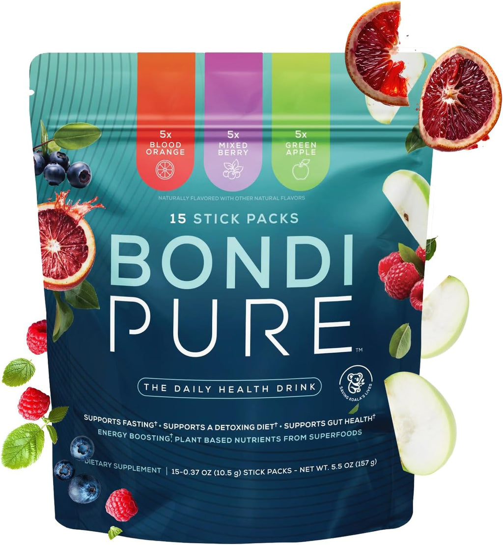 Bondi Pure - Daily Health & Detox Drink - Promote Gut Health & Energy Support During a Cleanse or Intermittent Fasting - Plant-Based Fibers, Alkalizing Super Greens - Variety Stick Pack (30 Servings)
