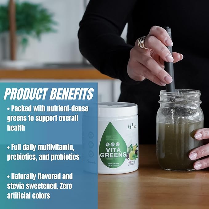 Sweat Ethic Vita Greens Greens Superfood Powder, Daily Multivitamin with Digestive Enzymes, Probiotics, Prebiotics & Reds for Men and Women, Sweetened with Stevia, Berry Apple Flavor, 30 Servings