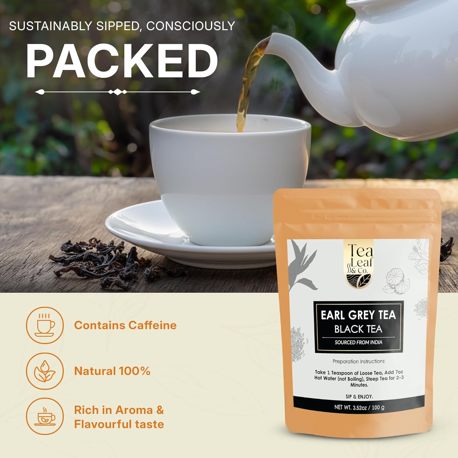 Tealeaf & Co. Earl Grey Black Tea Blended with Bergamot Extract (Loose Leaf Form) - Premium Sweet & Sour Flavored Tea - Contains Low Caffeine - Upto 50 Servings (3.52oz/100gm)
