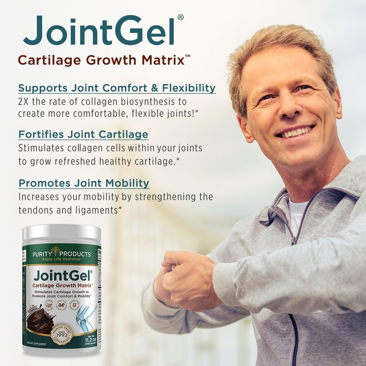Purity Products JointGel Formula - Collagen Peptides + MSM - Supports Joint Function + Flexibility While Fortifying Joint Cartilage - Dual Action - Daily Powder - 30 Servings (30 Servings, Chocolate)