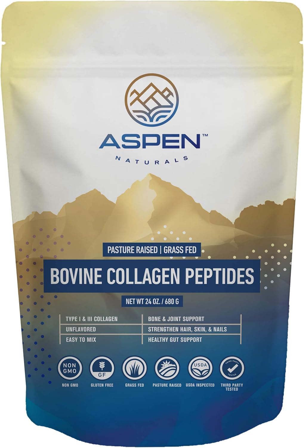 ASPEN NATURALS Bovine Collagen Peptides Powder 24 Oz – Type I & III | Grass Fed, Pasture Raised | Healthy Hair, Skin & Nails | Gut Support | Paleo Friendly, Unflavoured, Gluten-Free