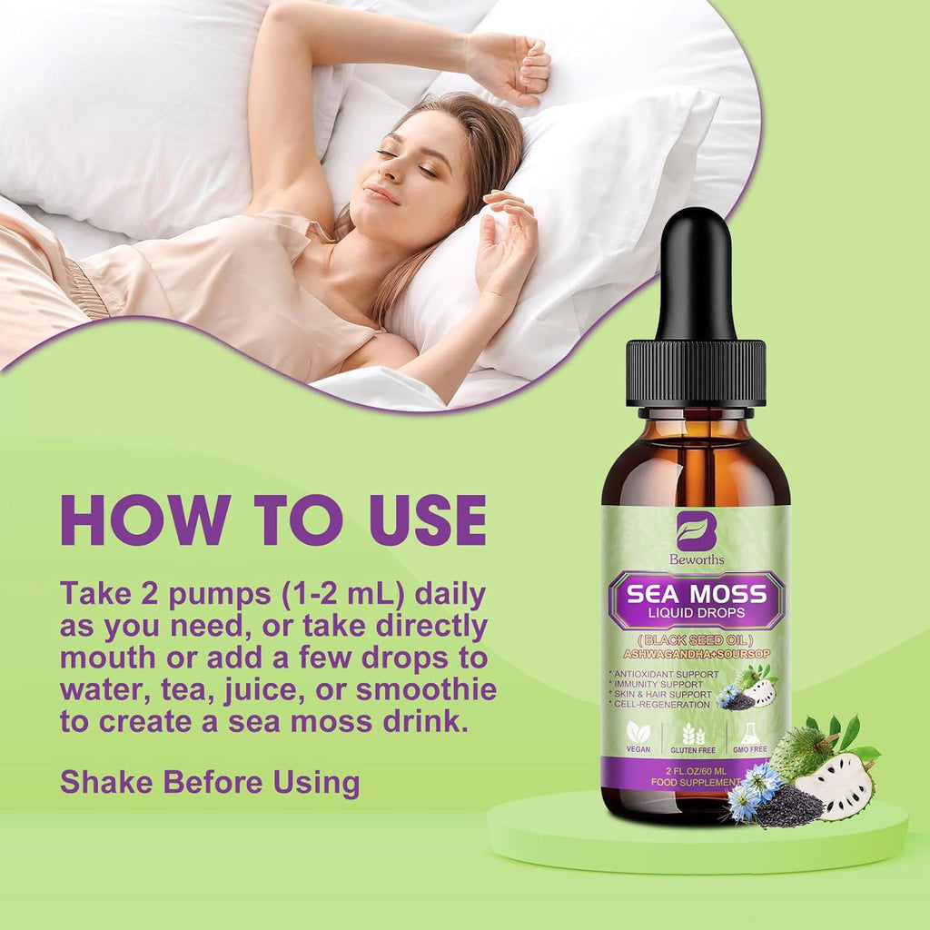 Sea Moss Liquid Drops - Irish Sea Moss & Black Seed Oil with Ashwagandha, Soursop Bitters, Elderberry, Burdock Root, Bladderwrack, Seamoss Supplement Support Antioxidant, Immune, Gut Health