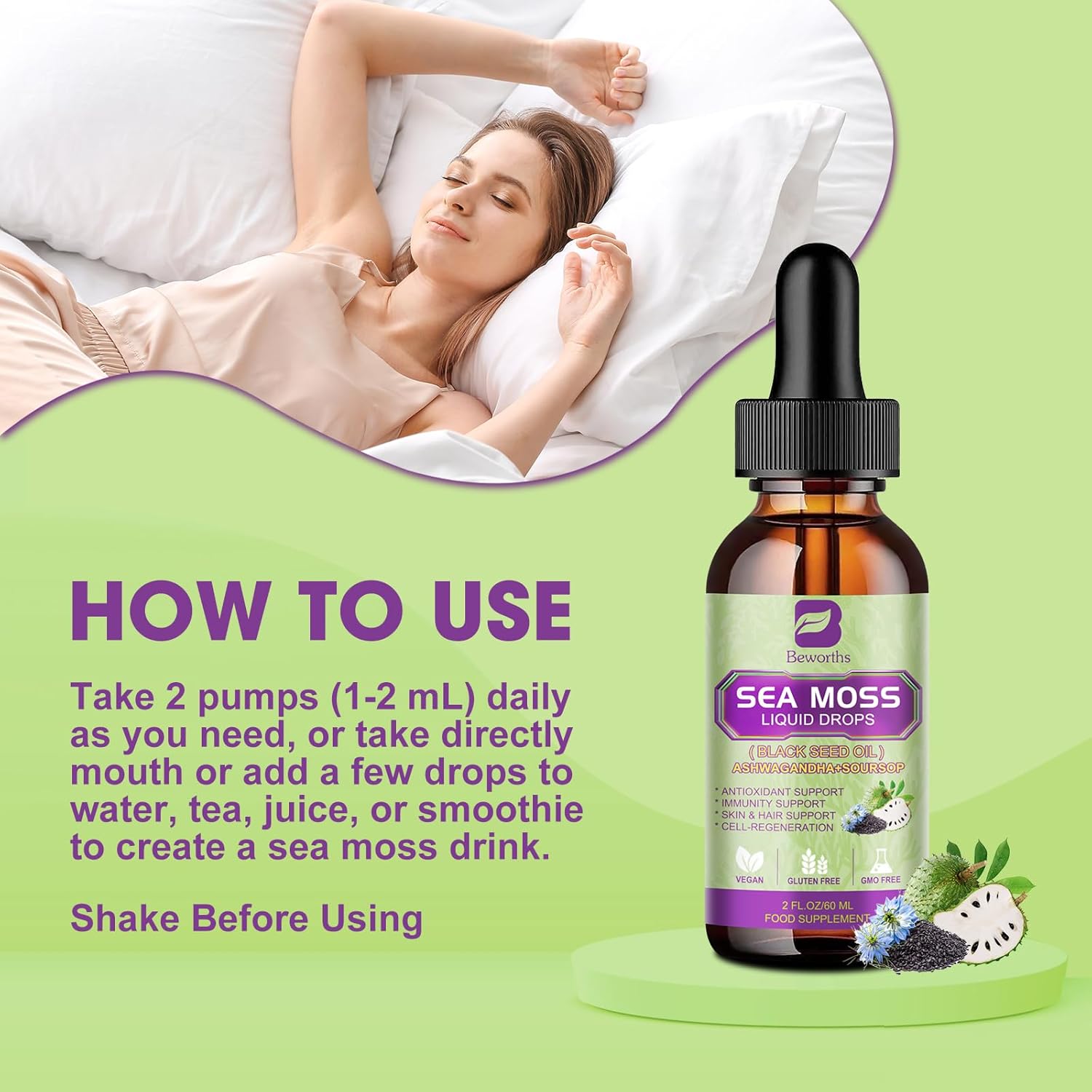 Sea Moss Liquid Drops - Irish Sea Moss & Black Seed Oil with Ashwagandha, Soursop Bitters, Elderberry, Burdock Root, Bladderwrack, Seamoss Supplement Support Antioxidant, Immune, Gut Health