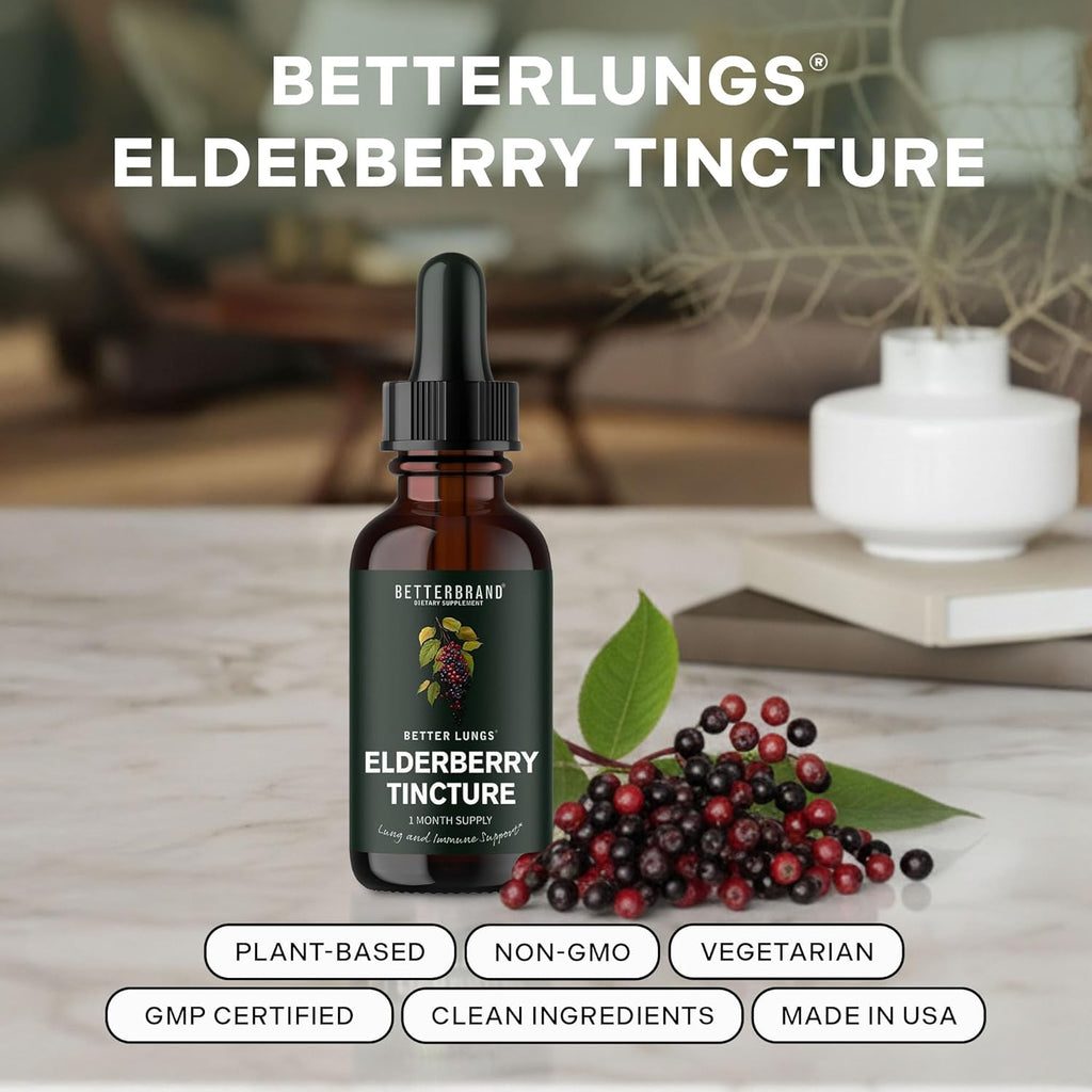 Betterbrand BetterLungs Elderberry Tincture, Natural Immune Support Supplement - Sugar-Free, Non-GMO, Alcohol Free, Vegetarian - 30 Day Supply