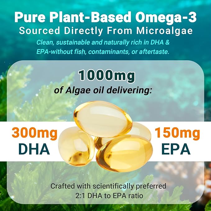 Vegan Omega 3 Softgels | 1000mg Algae Oil as Fish Oil Alternative | 300mg DHA + 150mg EPA | Omega 3 Supplements with Vitamin D3 & K2 for Brain, Eye, Skin& Immunity | 60 Count