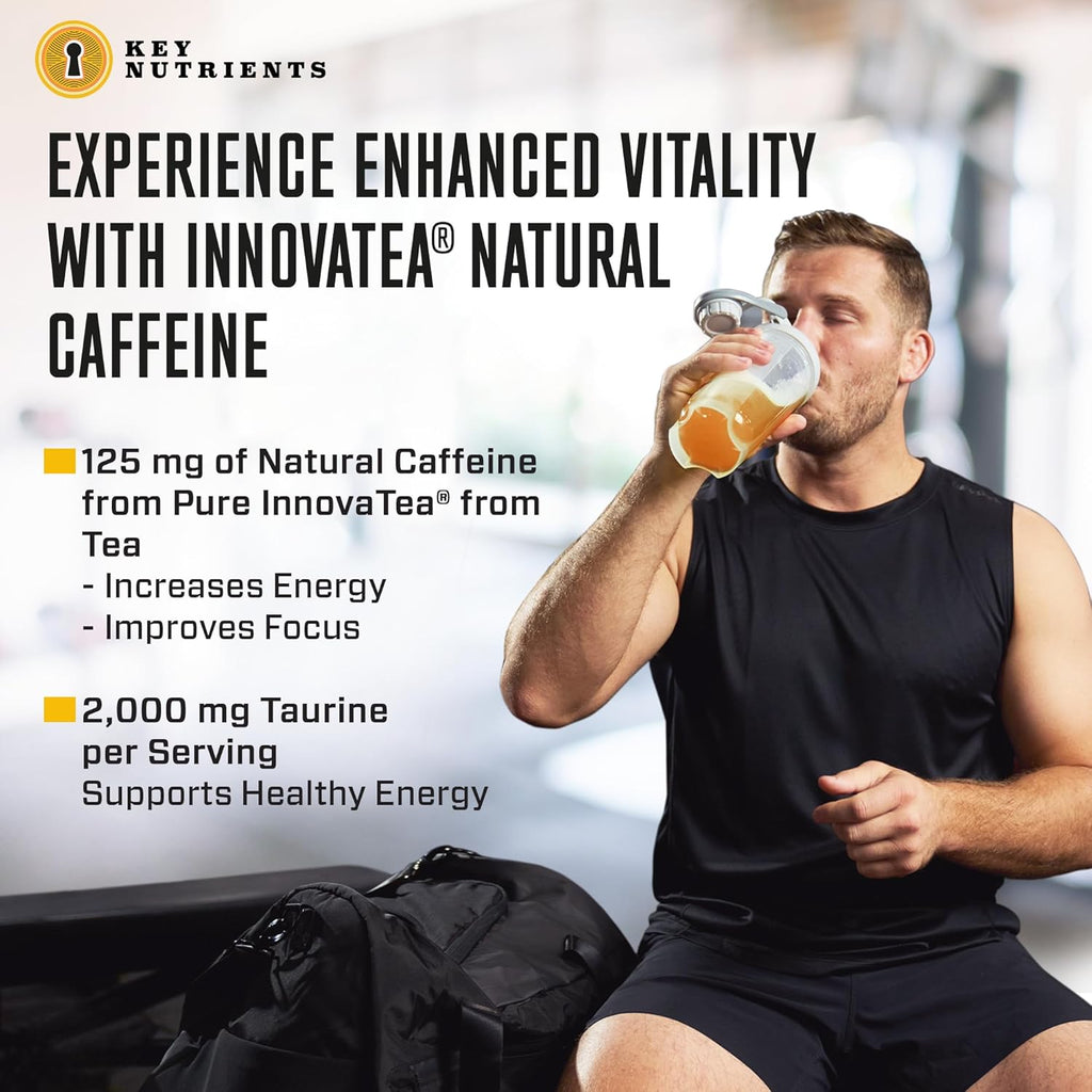 KEY NUTRIENTS Energy Drink Powder with Electrolytes No Sugar - Endurance & Energy Supplement - 125mg Natural Caffeine Powder, 2000mg Taurine, 5mg Zinc - Tropical Peach Mango Energy Powder Drink Mix