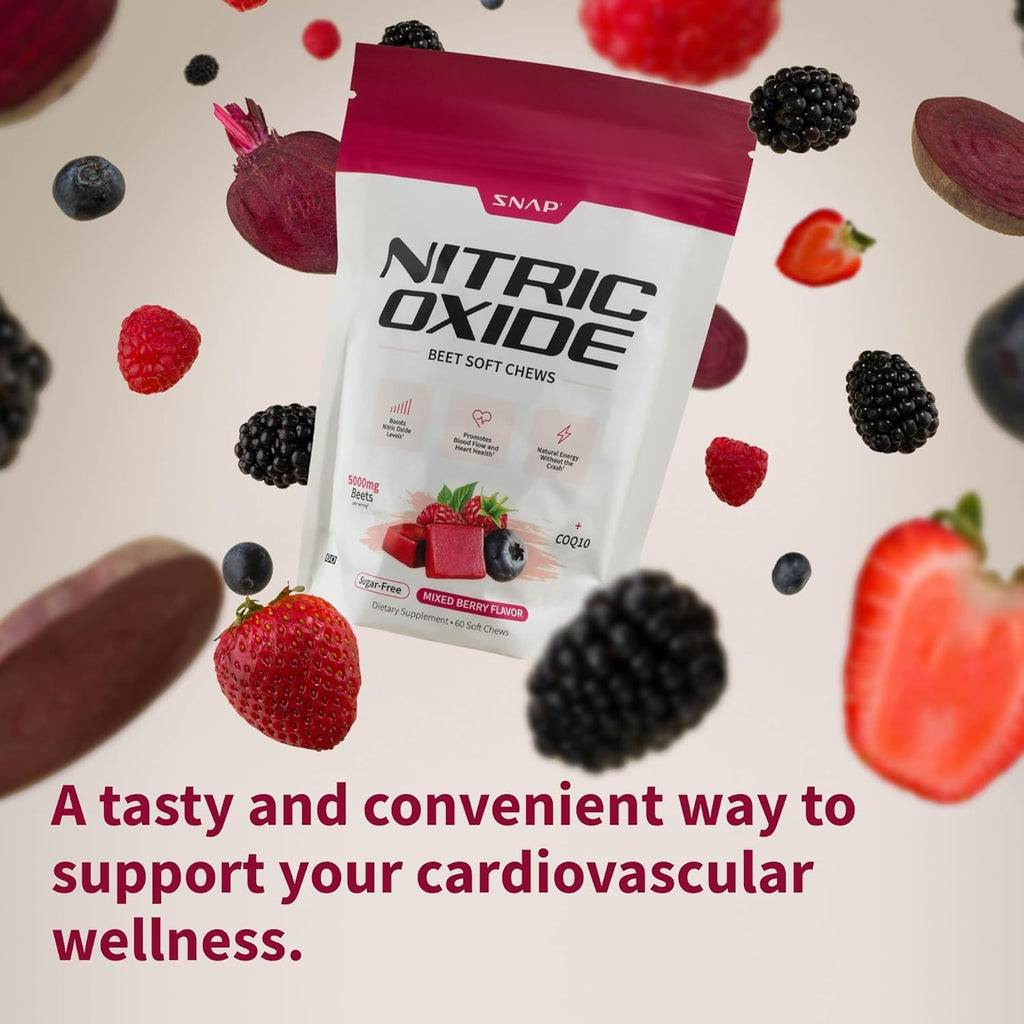 Snap Supplements USDA Organic Beet Root Powder, 3-in-1 Nitric Oxide Supplement, Support Healthy Blood Pressure and Blood Circulation, 250g (30 Servings (Pack of 1), Mixed Berry (Chews))