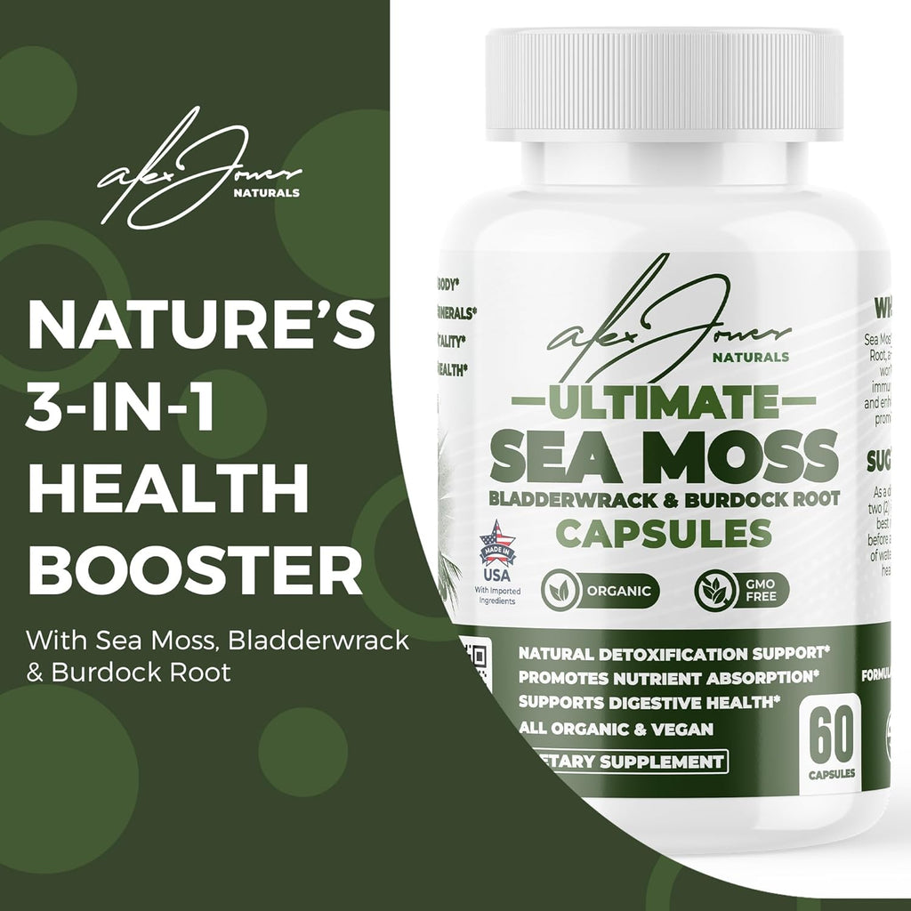 Ultimate Sea Moss Capsules Organic Non-GMO Irish Sea Moss Supplement w/Bladderwrack, Burdock Root & Black Pepper Extract - Thyroid, Immune Boost, Energy and Gut Health Support