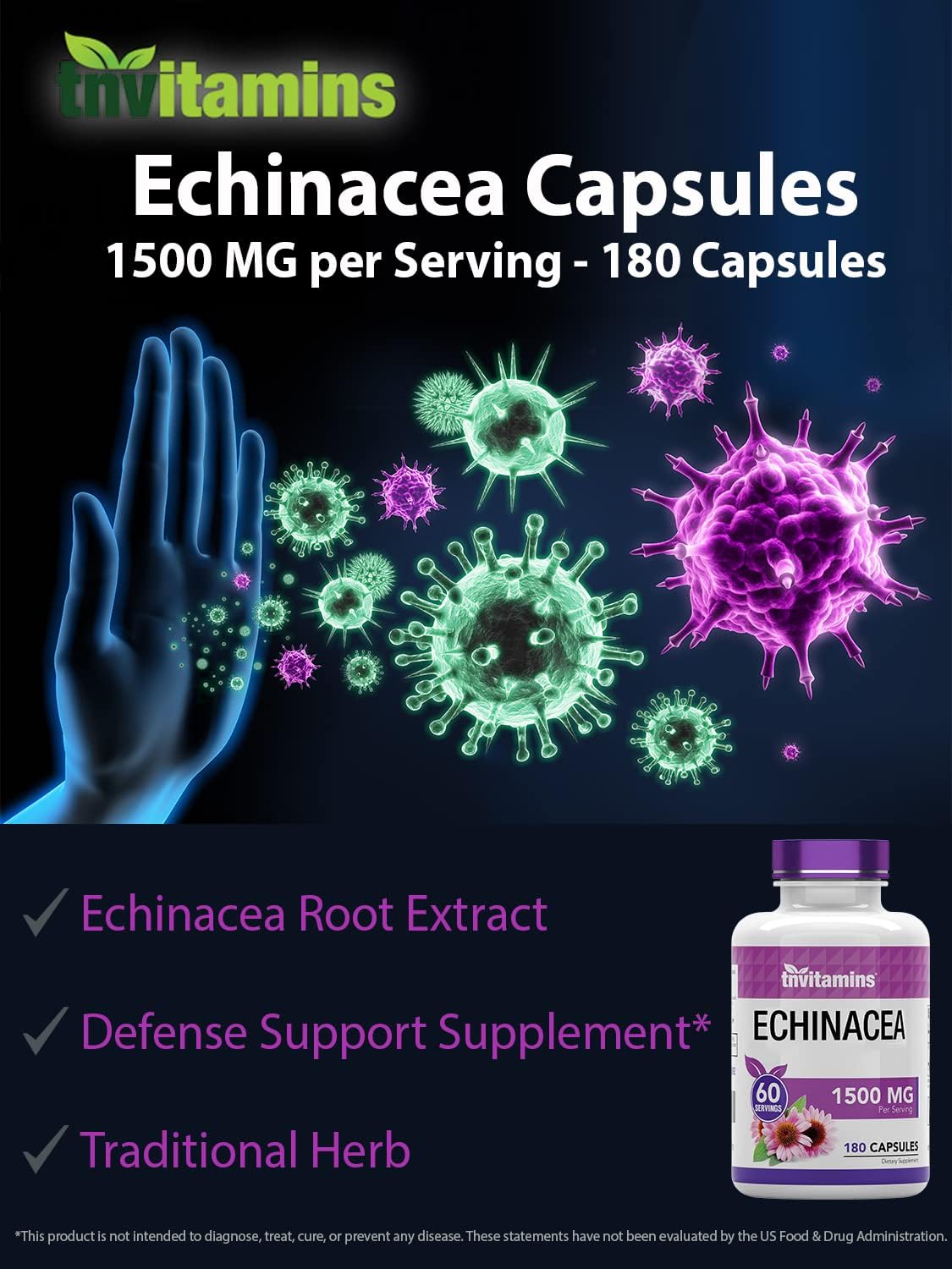 tnvitamins Echinacea Capsules (1500 mg Per Serving - 180 Capsules) | Supports Health & Well-Being | Echinacea Root Herbal Extract Supplement | Produced in The USA