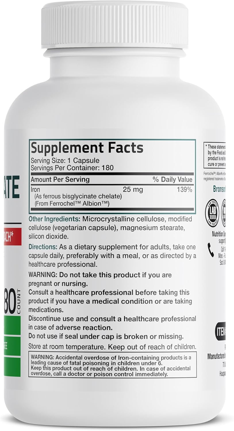 Bronson Iron Bisglycinate 25 mg Gentle on The Stomach, Supports Energy & Healthy Red Blood Cell Production - Non-Constipating Formula - Non GMO, 180 Vegetarian Capsules