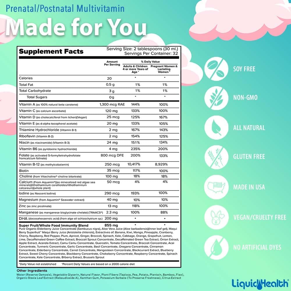 LIQUIDHEALTH Prenatal/Postnatal Multiple Liquid Women's Multivitamin with Real Folate - Pre & Postnatal Vitamins for Before, During, After Pregnancy - Made in USA, Vegan, Sugar-Free, Non-GMO (32 oz)