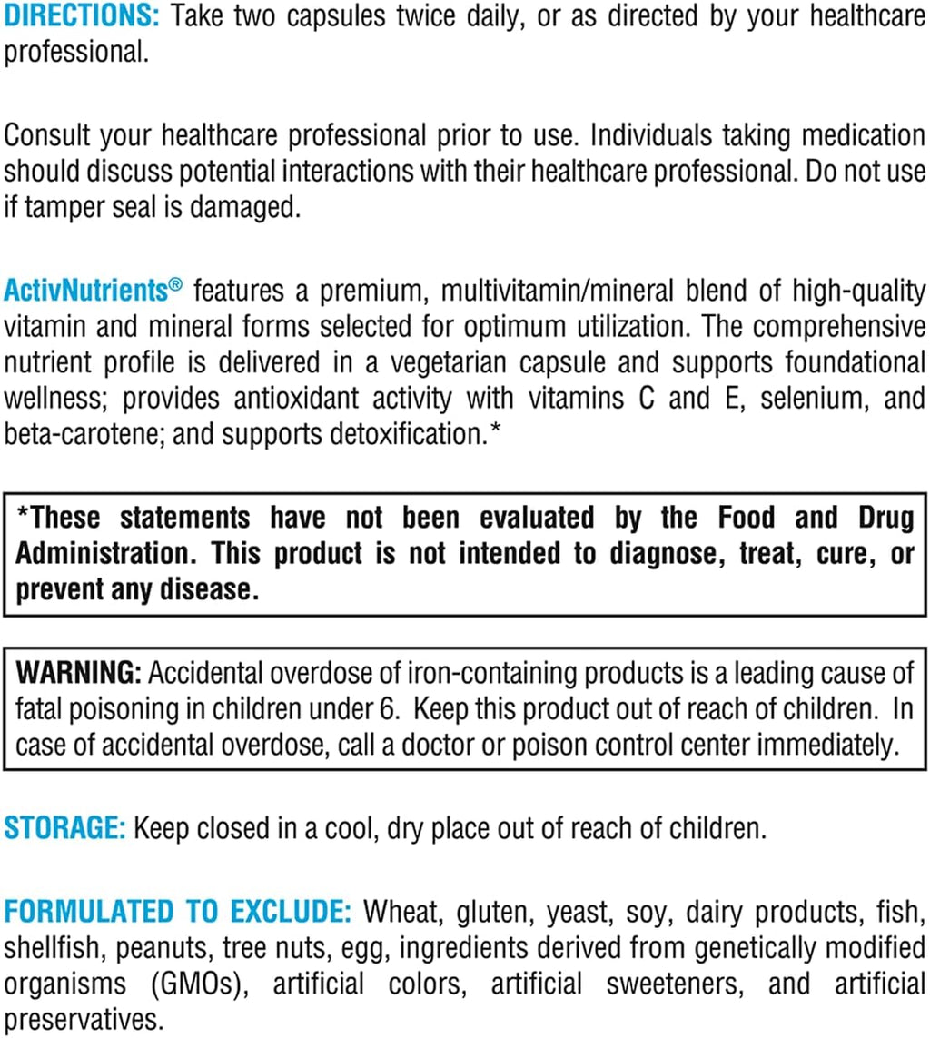 XYMOGEN ActivNutrients with Iron and Copper - Multivitamin Multimineral for Wellness, Immune, Energy and Mood Support - Chelated Minerals + Active B Vitamins with Folate (240 Capsules)