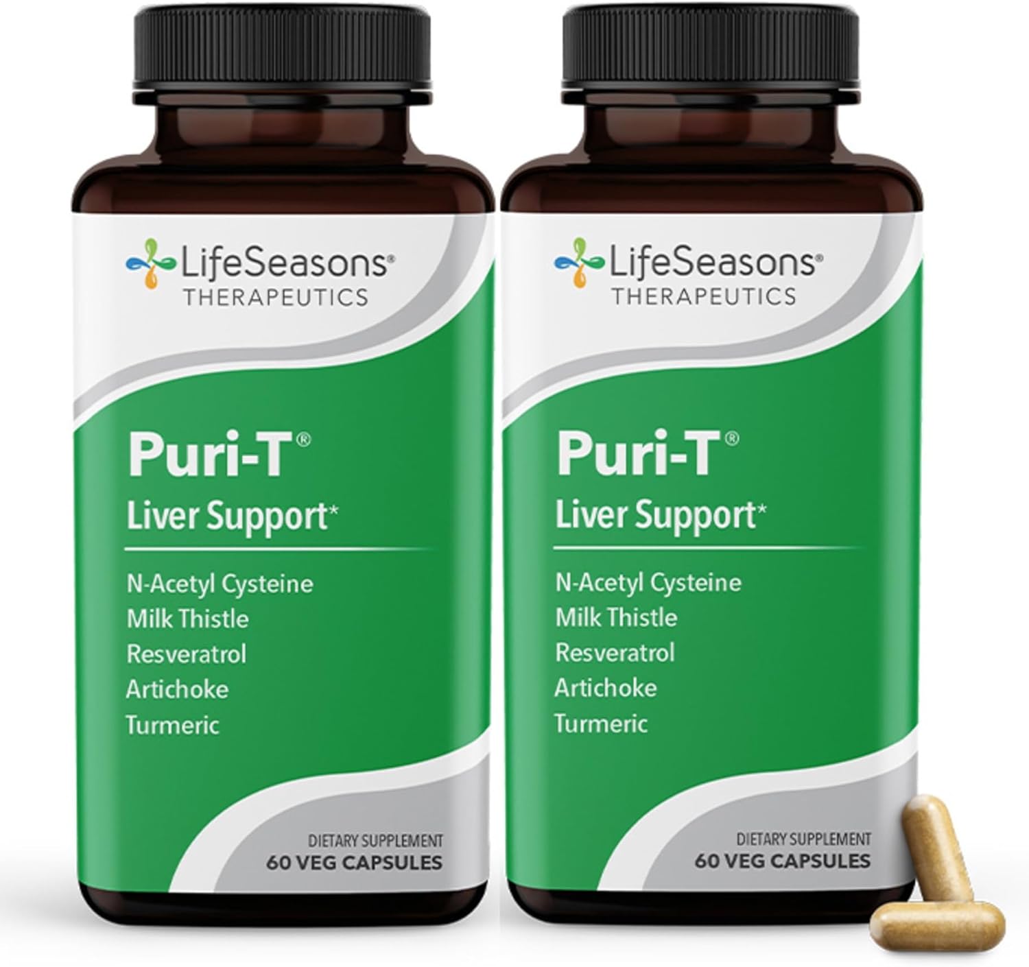 LifeSeasons Puri-T - Liver Cleanse & Detox Support Supplement - Resveratrol N-Acetyl Cysteine Milk Thistle Artichoke & Turmeric - Supports Tissue Regeneration & Healthy Bile - 60 Capsules (Pack of 2)