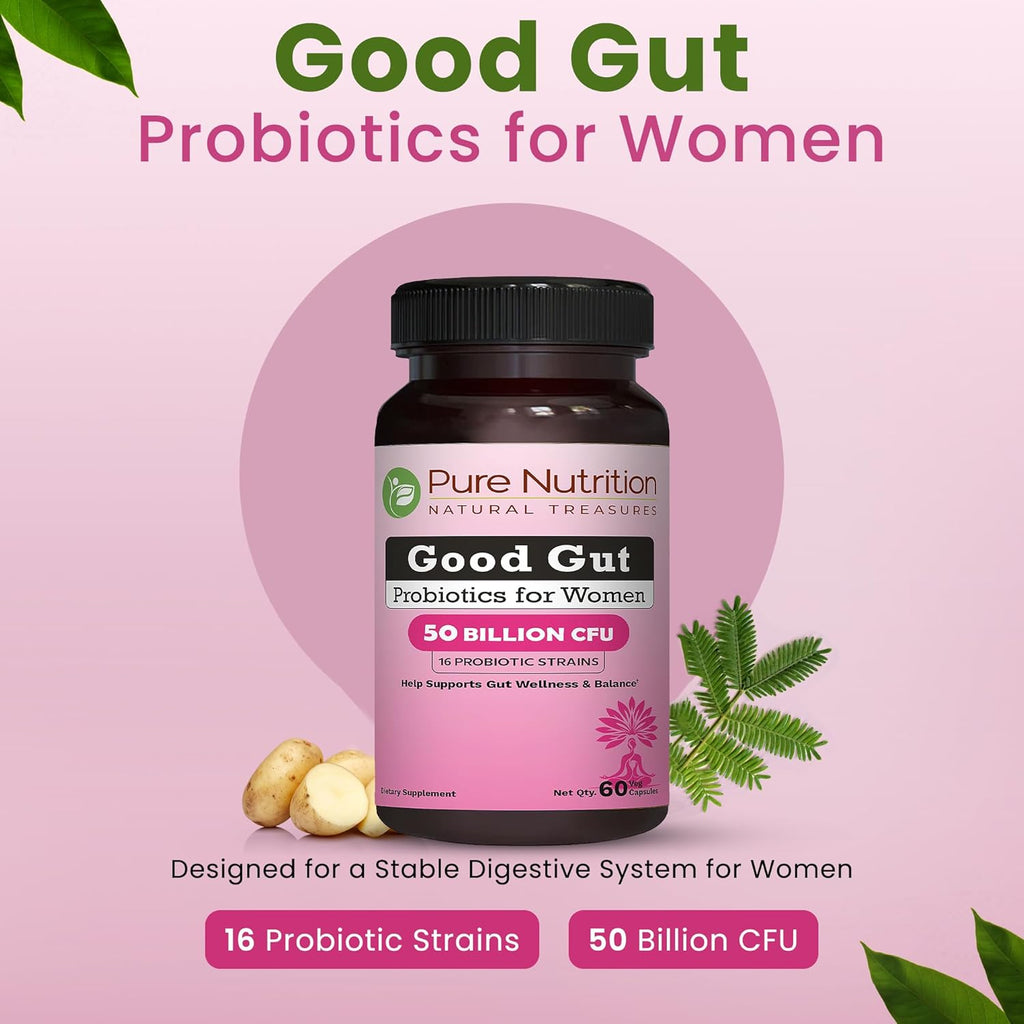 Pure Nutrition Good Gut Women's Probiotics 50 Billion CFU, 16 Strains | 60 Caps | Probiotics for Women with Organic Prebiotic Blend | Once Daily | Non GMO | Gluten Free