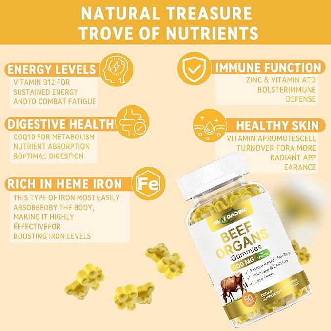Beef Organ Supplement for Women：Grass Fed Beef Organ Gummies Supplement, Wellness with Liver Heart Kidney Pancreas Spleen Supports Women's Overall Energy and Health Non-GMO(60 Gummies)