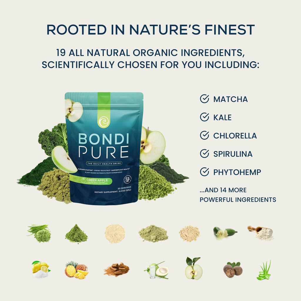 Bondi Pure - Daily Health & Detox Drink - Promote Gut Health & Energy Support During a Cleanse or Intermittent Fasting - Plant-Based Fibers, Alkalizing Super Greens - Green Apple (30 Servings)
