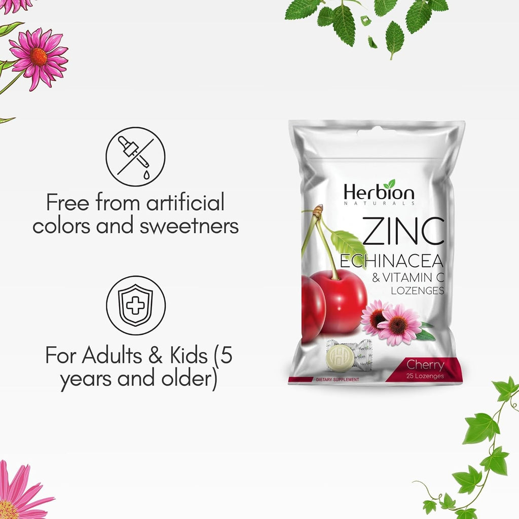HERBION Naturals Zinc, Echinacea & Vitamin C Lozenges with Cherry Flavor, 25 CT - Dietary Supplement for Adults & Children 5+ - Promotes Wellness for The Whole Family - (Pack of 5) (125 Lozenges)