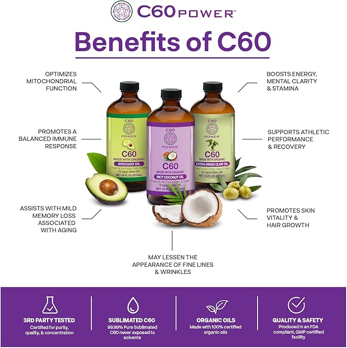 C60 Power C60 in Organic Avocado Oil - Natural Wellness & Antioxidant Support for Men & Women, 99.99% Pure Carbon Fullerenes, Promotes Energy, Mental Clarity, & Stamina - 8 fl oz Bottle