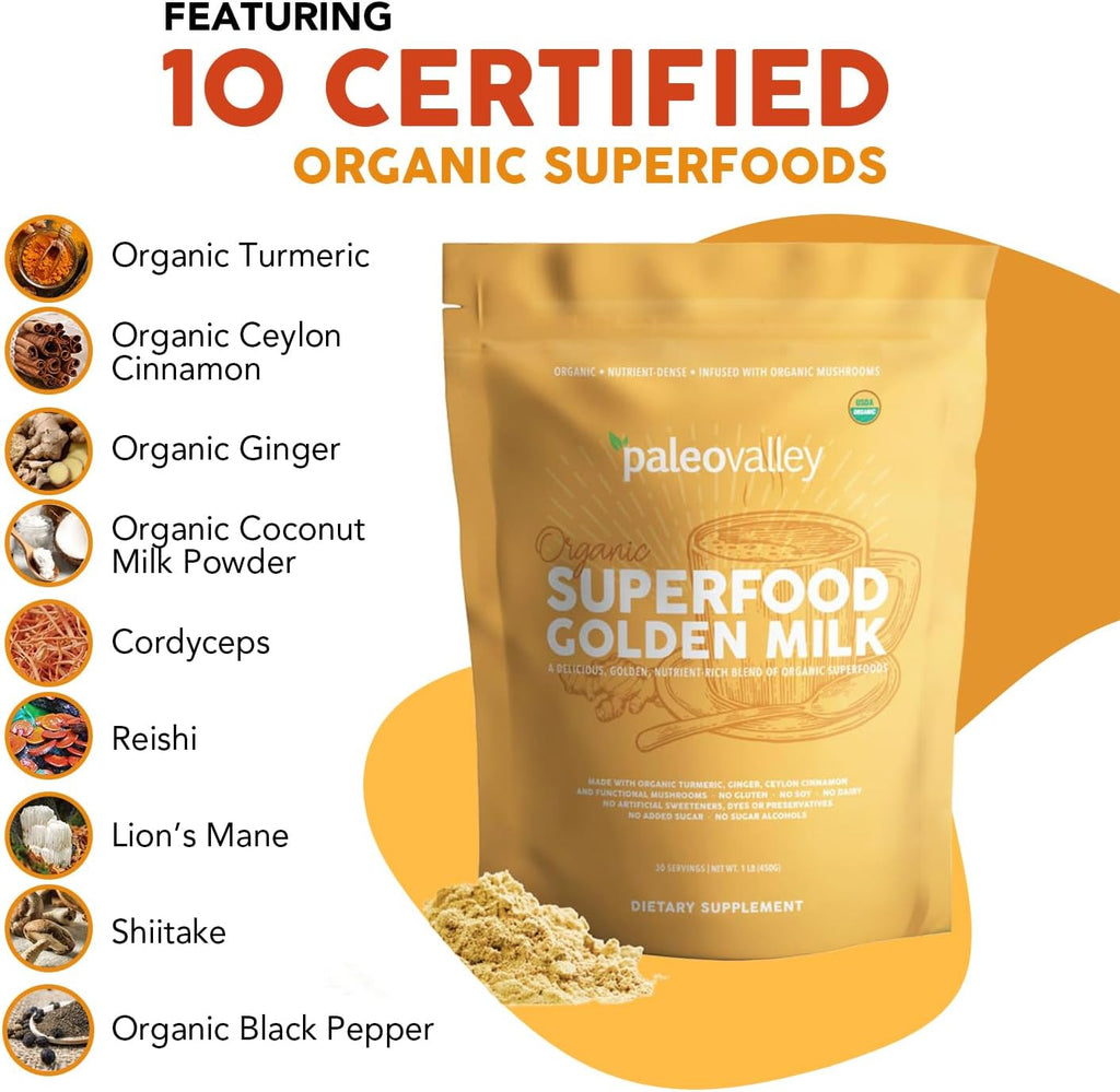 Paleovalley Organic Superfood Golden Milk - Immune, Focus, Cognitive, Longevity - Turmeric, MCT-Rich Coconut Milk, Functional Mushrooms, 28 Servings