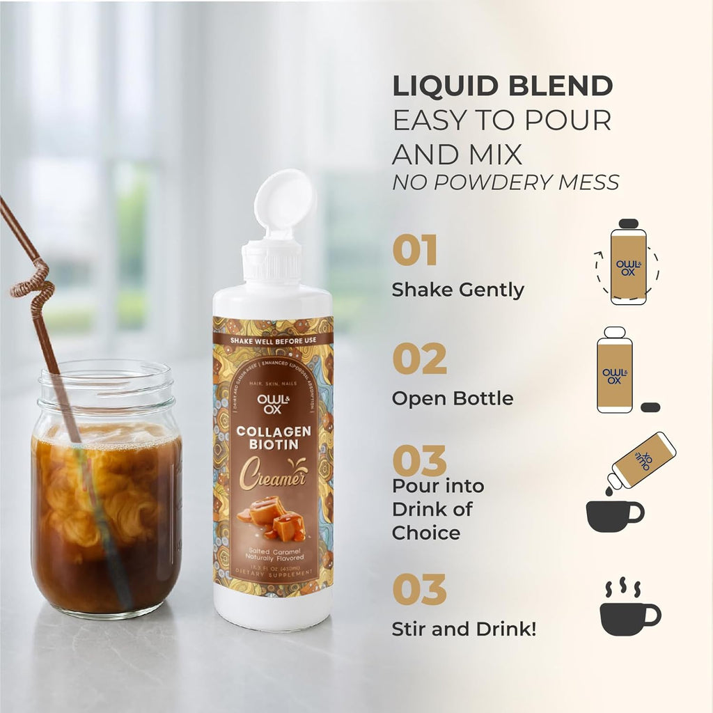 Collagen Coffee Creamer by Owl & Ox – Biotin-Infused for Healthy Hair, Skin & Nails | Keto, Dairy-Free, Sugar-Free, Gluten-Free | Liquid Salted Caramel | 30 Servings