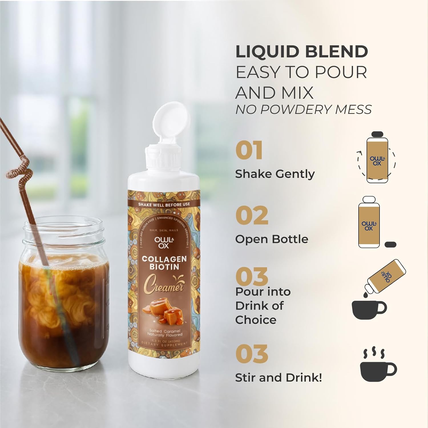 Collagen Coffee Creamer by Owl & Ox – Biotin-Infused for Healthy Hair, Skin & Nails | Keto, Dairy-Free, Sugar-Free, Gluten-Free | Liquid Salted Caramel | 30 Servings