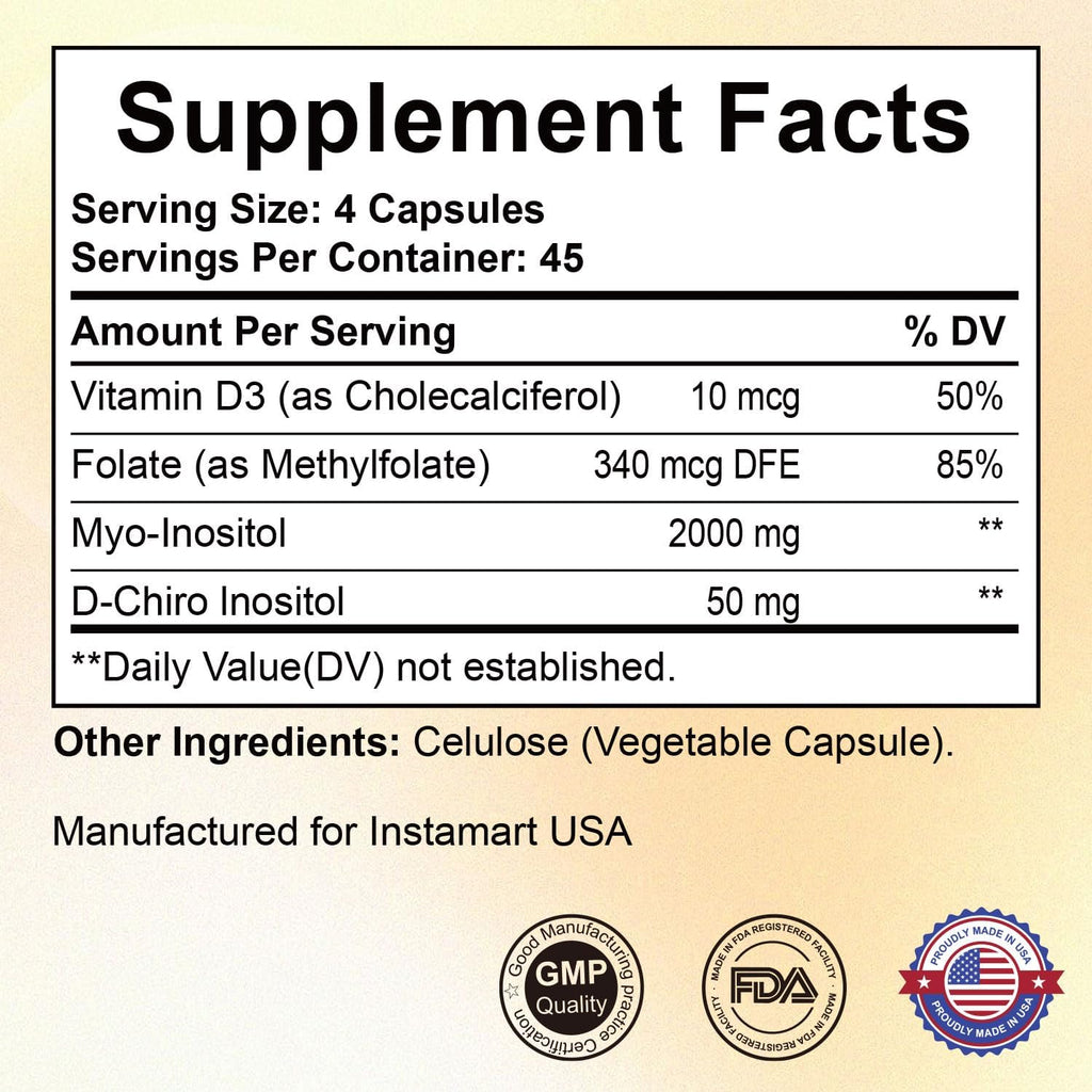 INSTAMART Myo-Inositol & D-Chiro Inositol 2050mg | Balanced 40:1 Ratio | Plus Folate & Vitamin D | Non-GMO, Gluten-Free, Soy-Free, Vegan Supplement | 180 Easy-to-Swallow Capsules