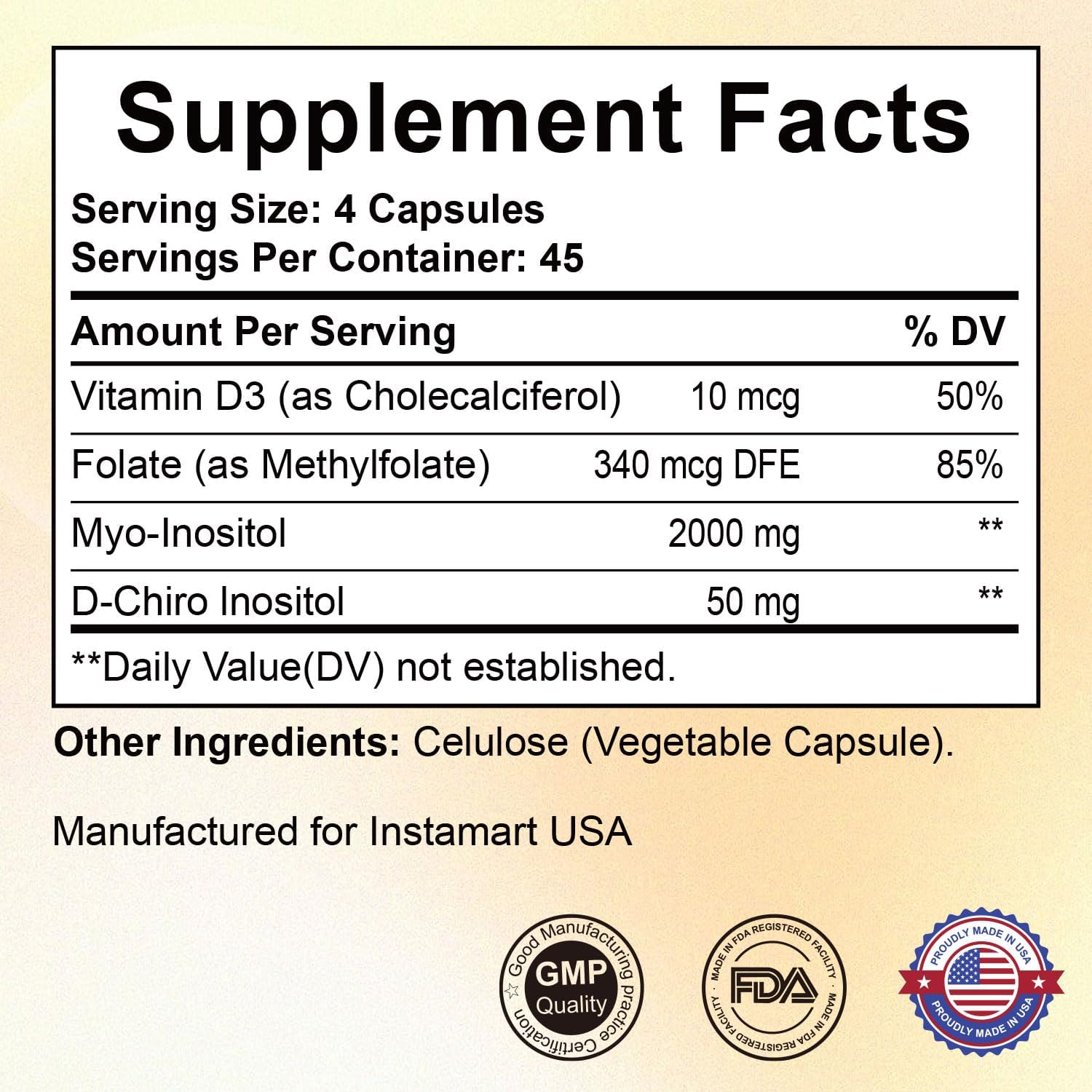 INSTAMART Myo-Inositol & D-Chiro Inositol 2050mg | Balanced 40:1 Ratio | Plus Folate & Vitamin D | Non-GMO, Gluten-Free, Soy-Free, Vegan Supplement | 180 Easy-to-Swallow Capsules