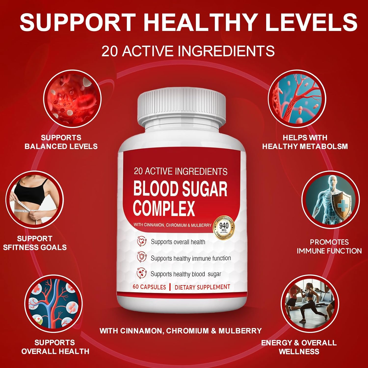 Blood Sugar Complex Supplement - Helps Maintain Normal Blood Sugar Levels - Natural Formula with Bitter Melon, Mulberry Leaf, Cinnamon, Non-GMO - 60 Capsules(1pc)