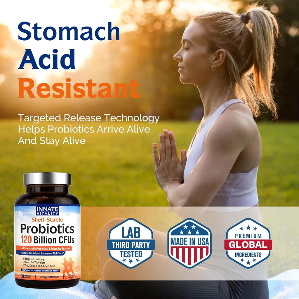 Innate Vitality Probiotics 120 Billion CFUs for Men & Women, 34 Strains with Prebiotics & Digestive Enzymes, Immune & Digestive Health, Delayed Release, Shelf Stable, 30 Vegan Capsules
